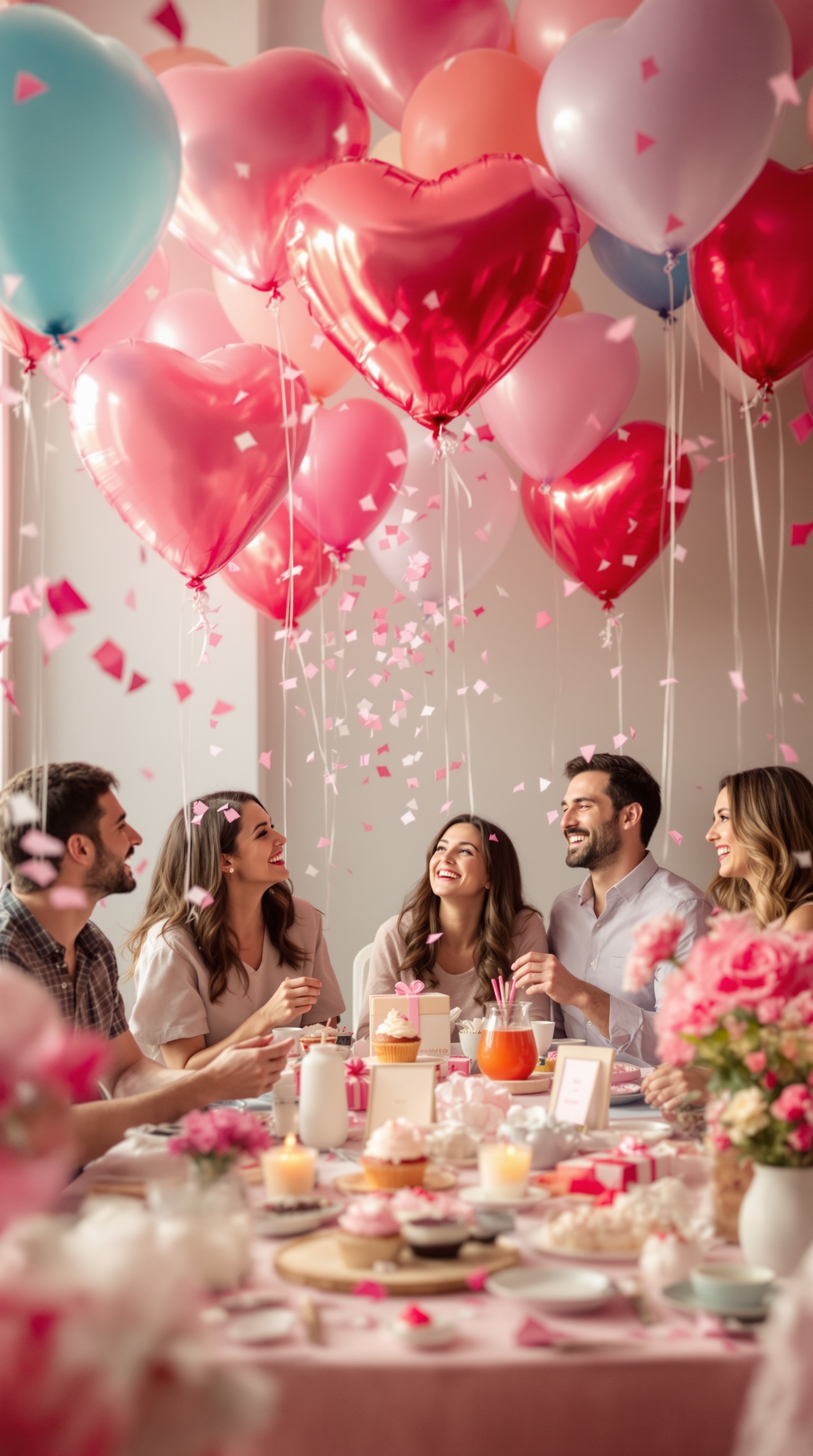 A festive Valentine's Day gathering with heart-shaped balloons and confetti, celebrating a gender reveal.