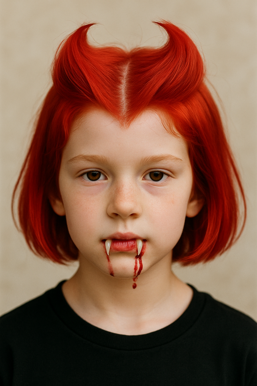 A child with red spiked hair and vampire fangs