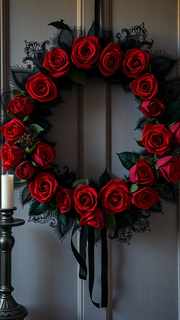 A Halloween wreath featuring red roses, black lace, and a small bat.