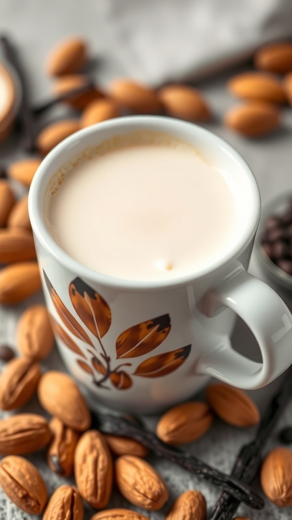 Cup of vanilla almond milk latte surrounded by almonds and vanilla beans