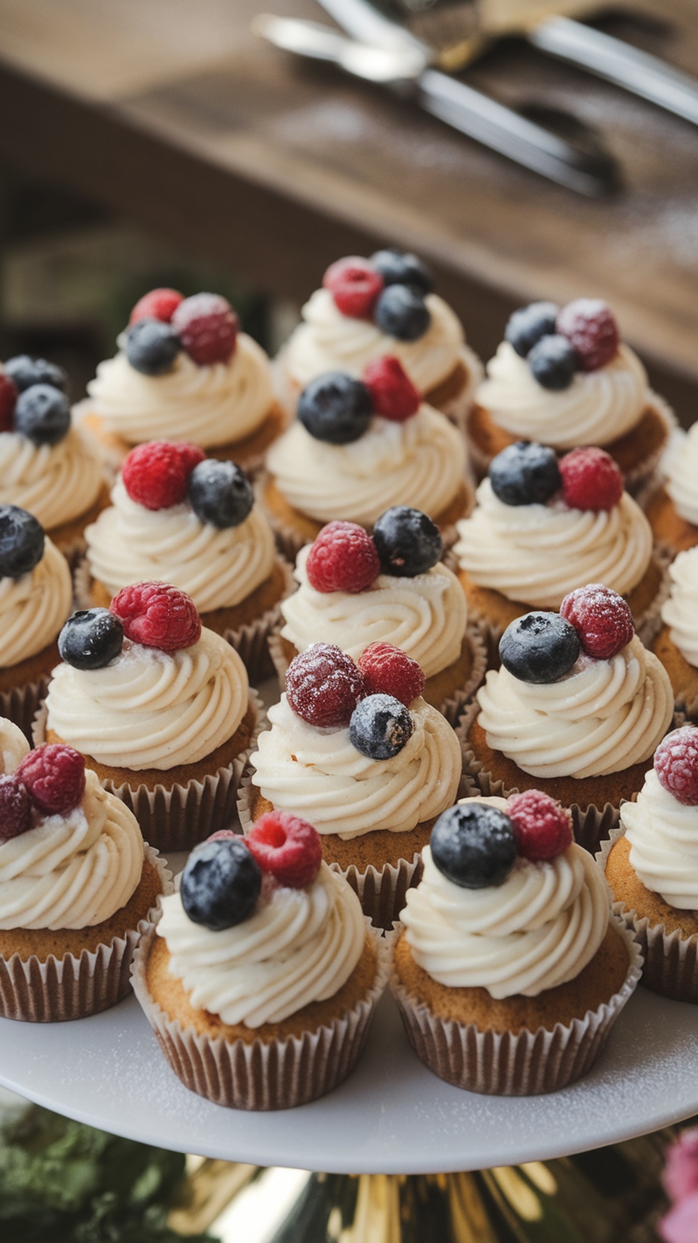 Vanilla bean cupcakes topped with fresh raspberries and blueberries on a white platter.