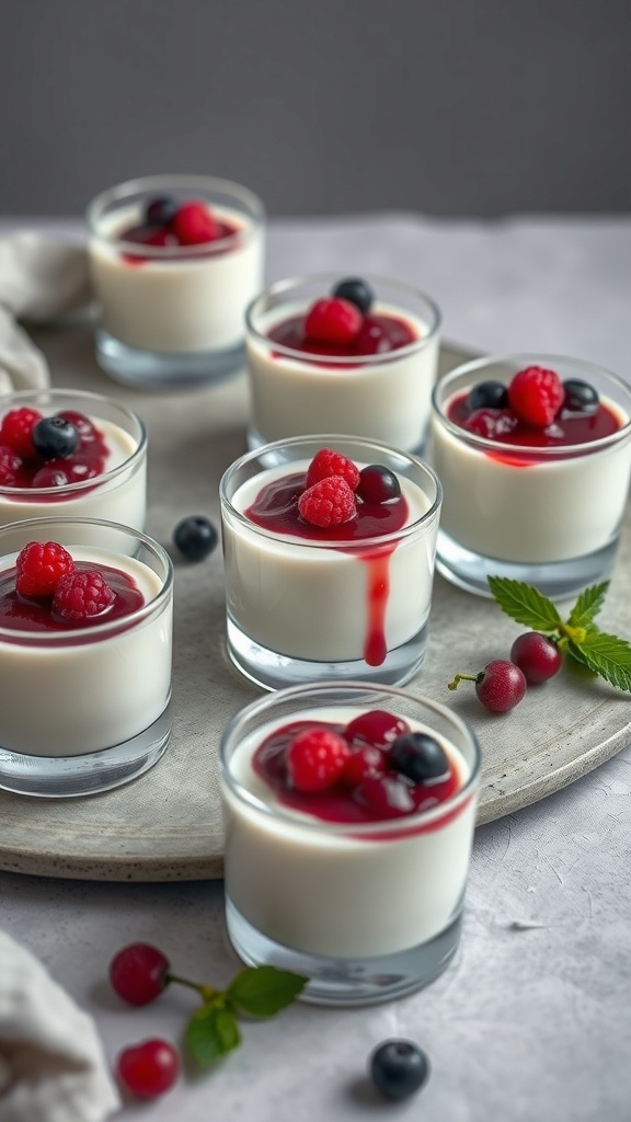 A dessert table featuring vanilla bean panna cotta topped with fresh berries.