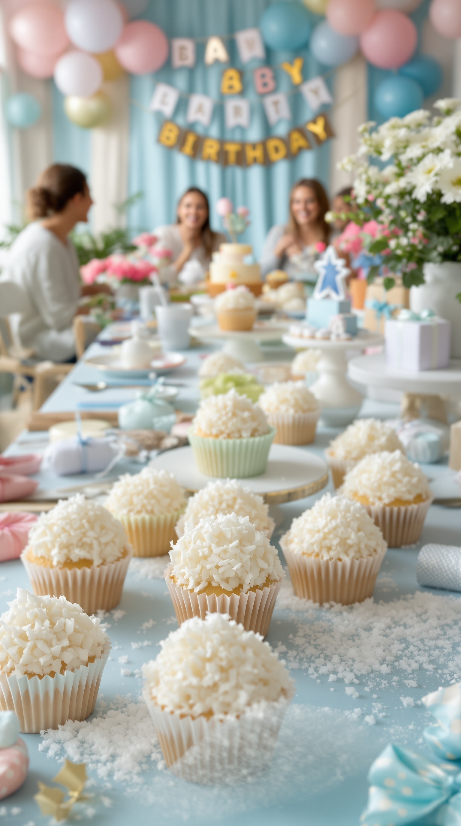 A table set for a baby shower featuring Vanilla Bean Snowball Cupcakes decorated with coconut flakes.
