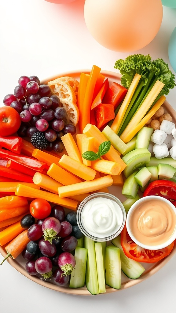 A colorful vegetable crudité platter featuring carrots, cucumbers, bell peppers, and dips.