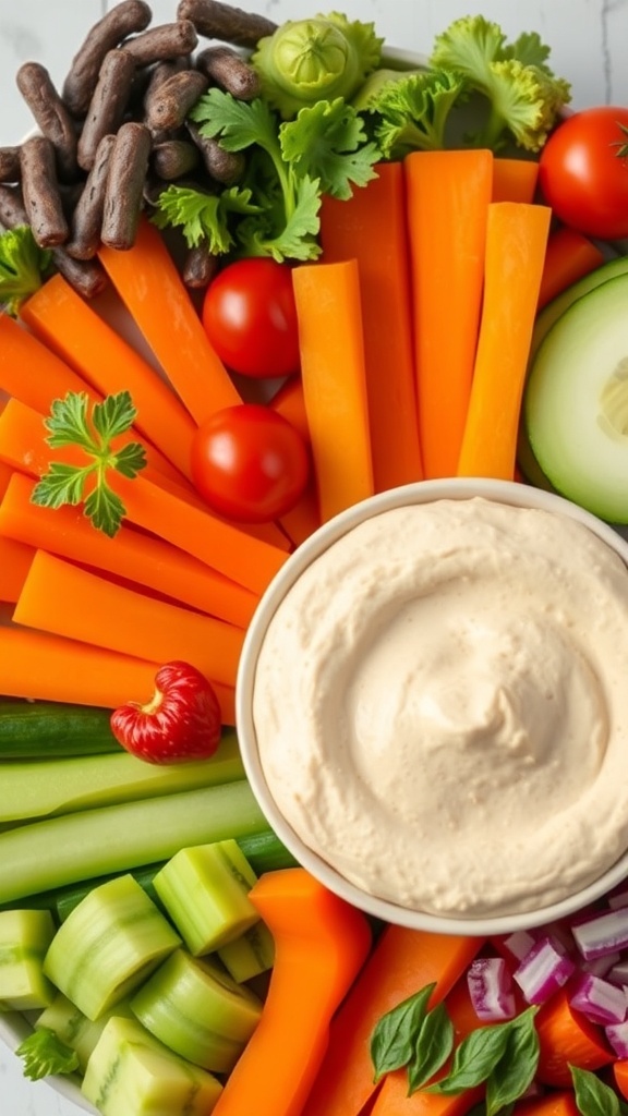 A colorful vegetable platter featuring carrots, cucumbers, cherry tomatoes, and a bowl of hummus.