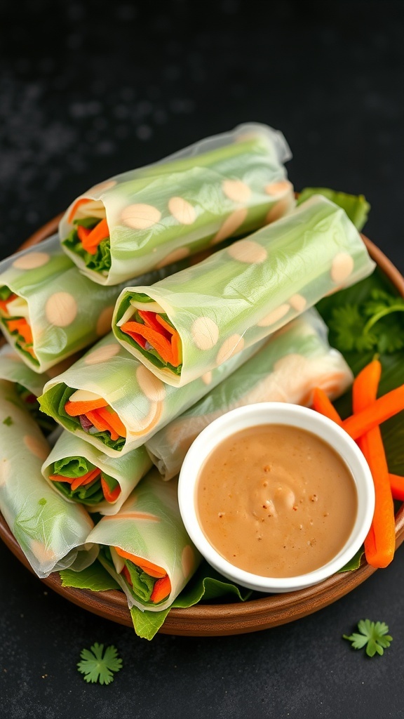 A plate of fresh vegetable spring rolls with a bowl of dipping sauce