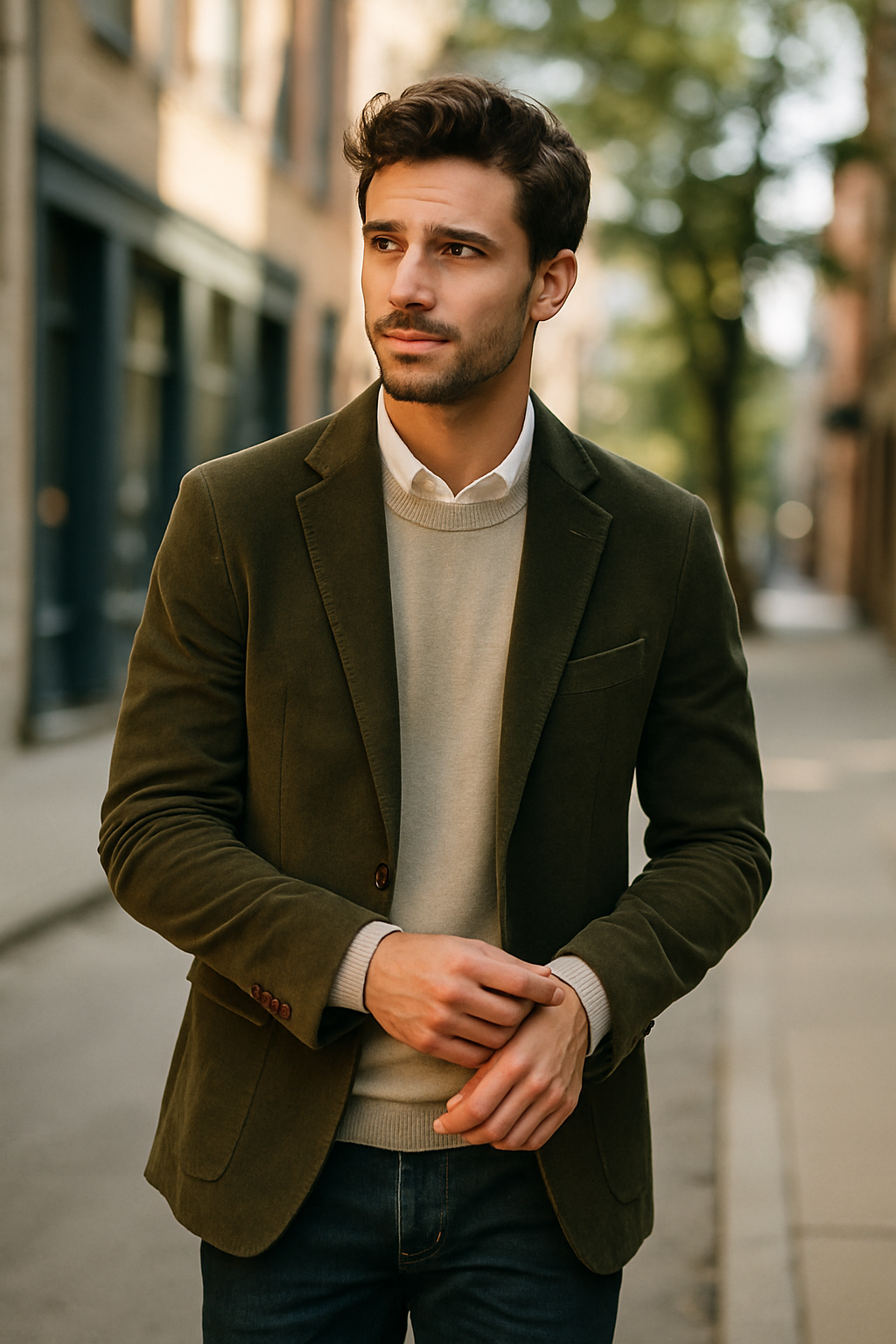 A man wearing an olive green velvet blazer with a light sweater and jeans, walking in a city street.