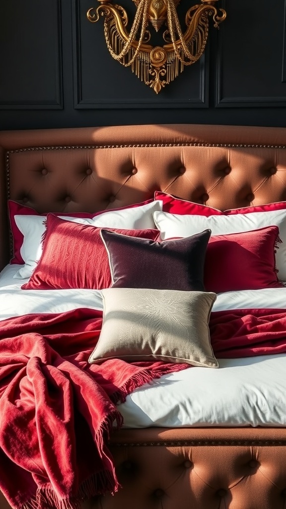A bed with velvet throw pillows in red and black, showcasing a romantic goth bedroom style.