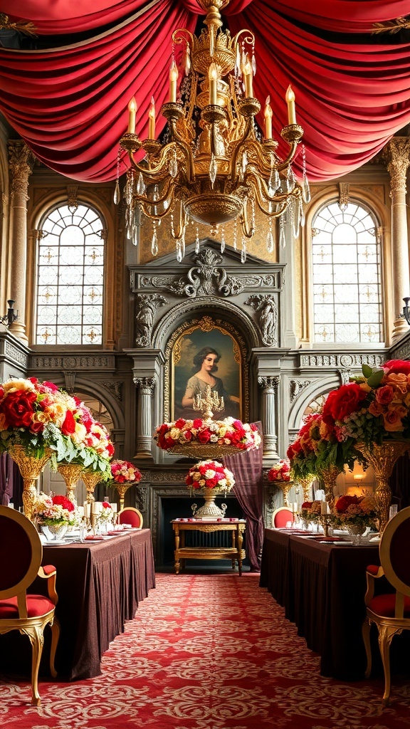 A lavishly decorated Venetian-style bridal shower venue featuring red drapery, elegant chandeliers, and floral centerpieces.