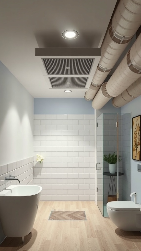 Modern basement bathroom with ventilation ducts on the ceiling and a glass shower enclosure.