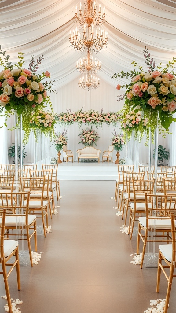 A beautifully decorated wedding venue featuring floral arrangements and elegant seating.