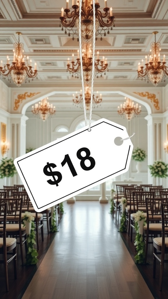 A beautiful wedding venue interior with a price tag hanging at $18
