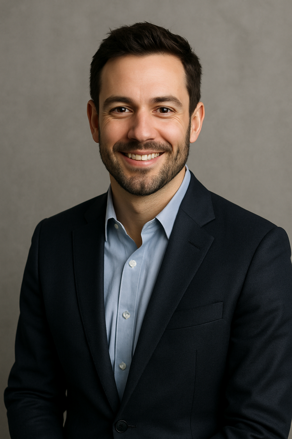A man wearing a gray blazer over a beige sweater and jeans, walking confidently on a city street.