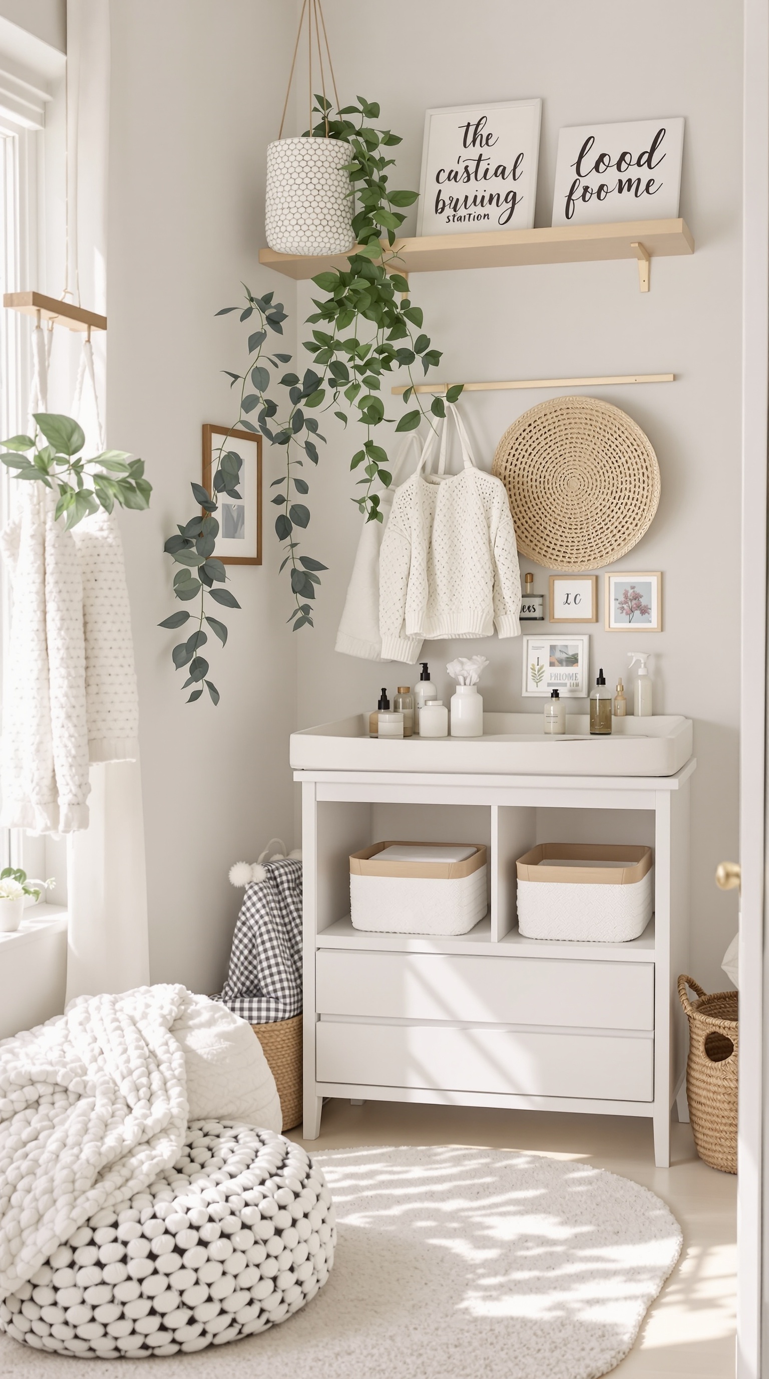 A bright and stylish changing station in a baby room featuring a white changing table, decorative plants, and organized storage.
