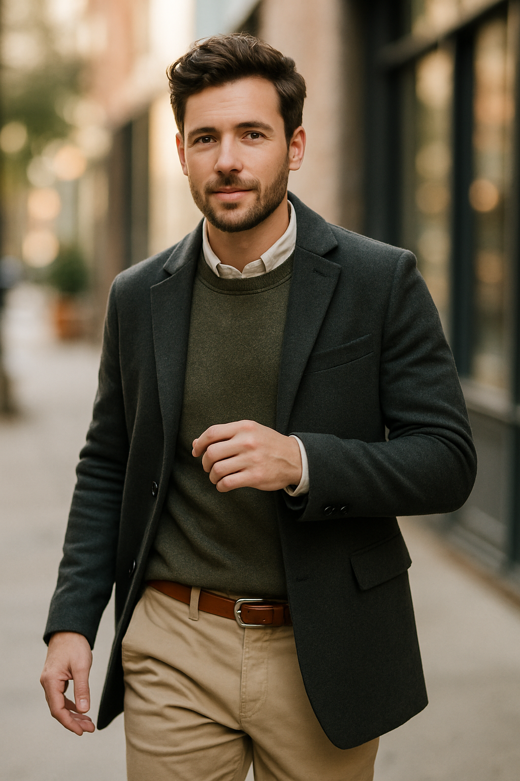 A man walking in a city wearing a blazer, sweater, and chinos.