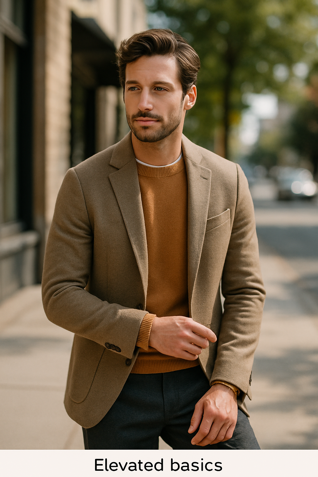 A man wearing a crewneck sweater under a tailored blazer, showcasing an elevated casual style.