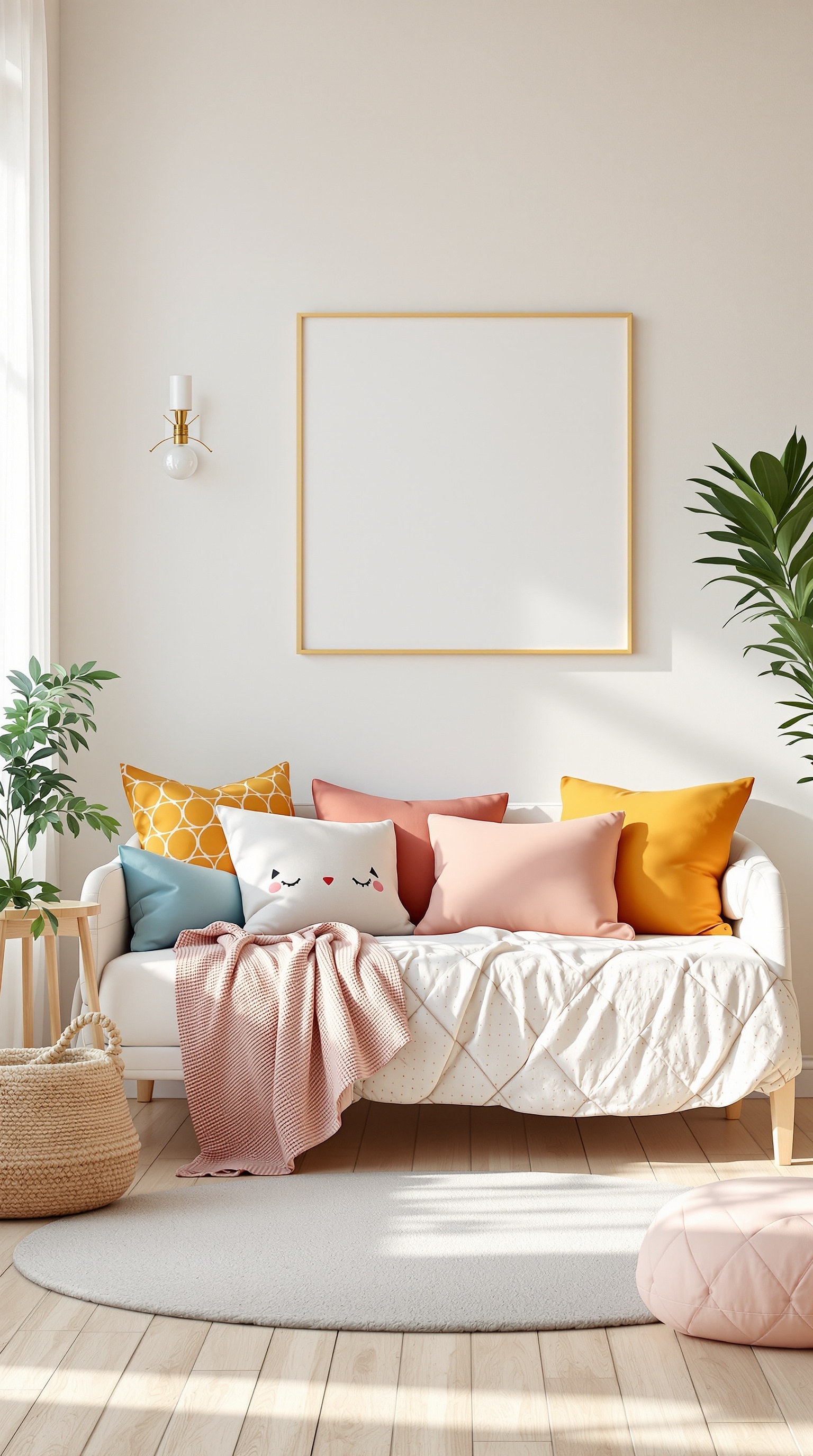 A cozy daybed with colorful pillows and a soft blanket in a bright room