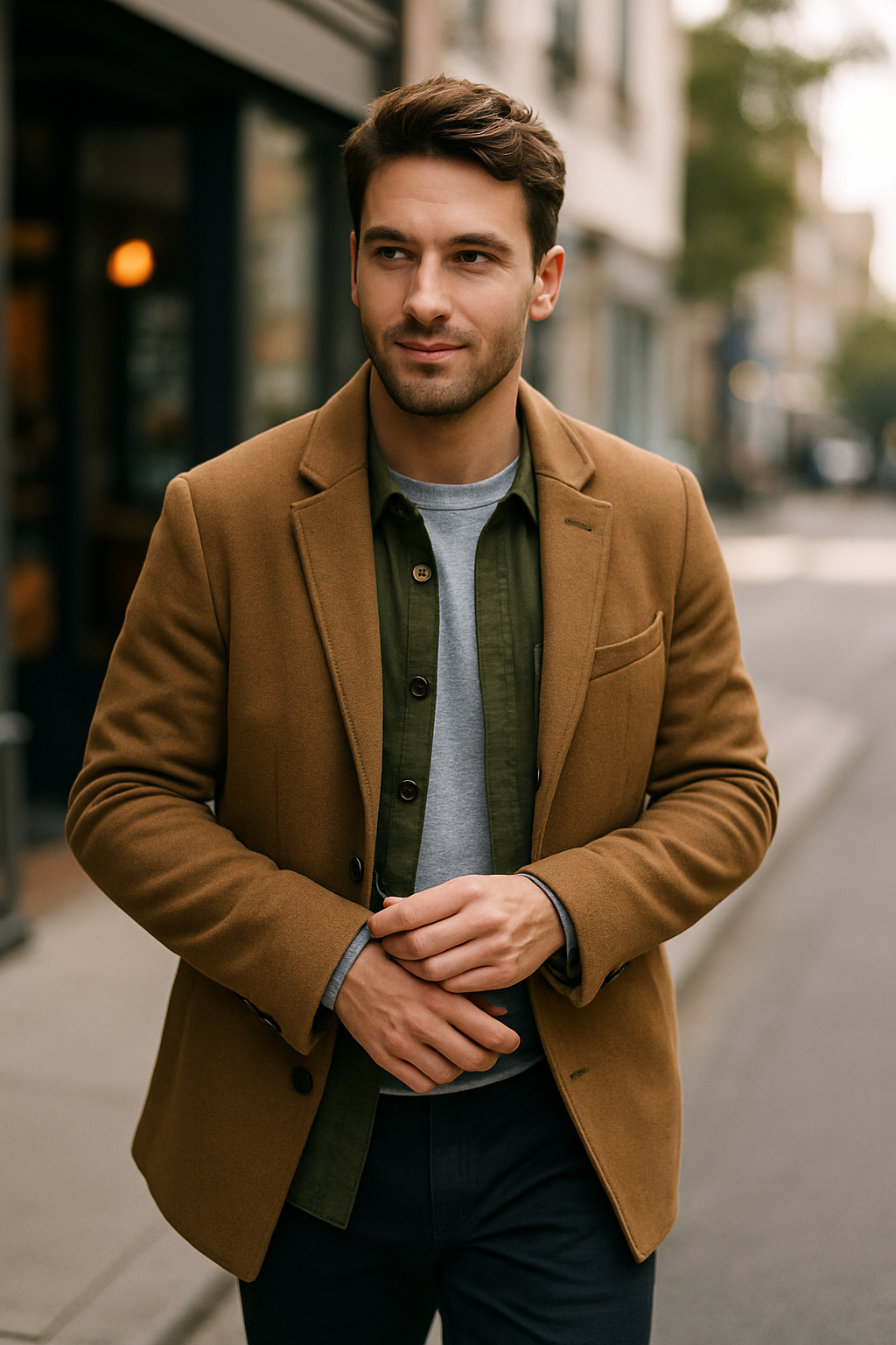 A man wearing a brown business casual blazer over a green shirt and grey sweater, walking on a city street.