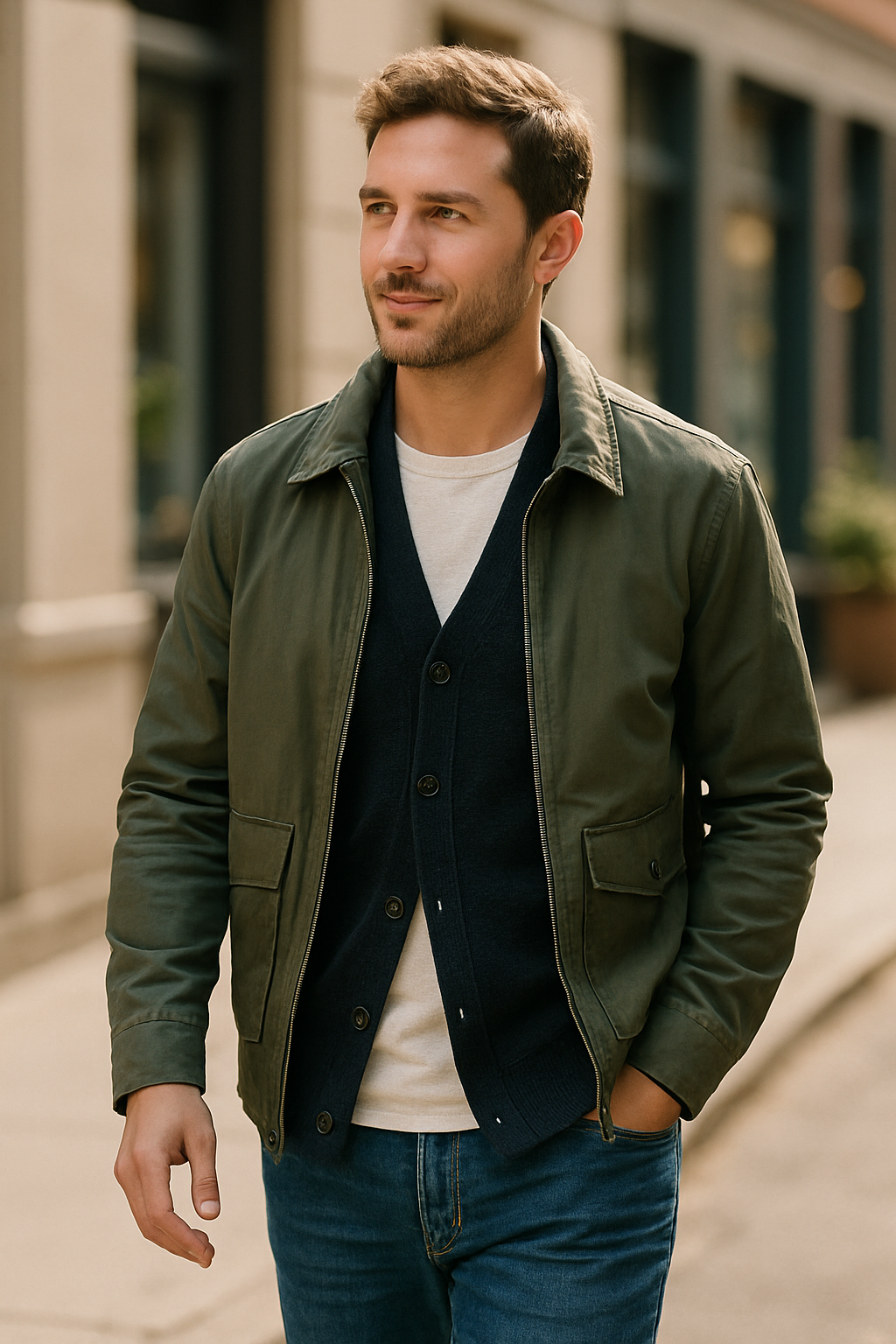 A man in a minimalist outfit featuring an olive green jacket over a navy cardigan and white tee, walking casually.