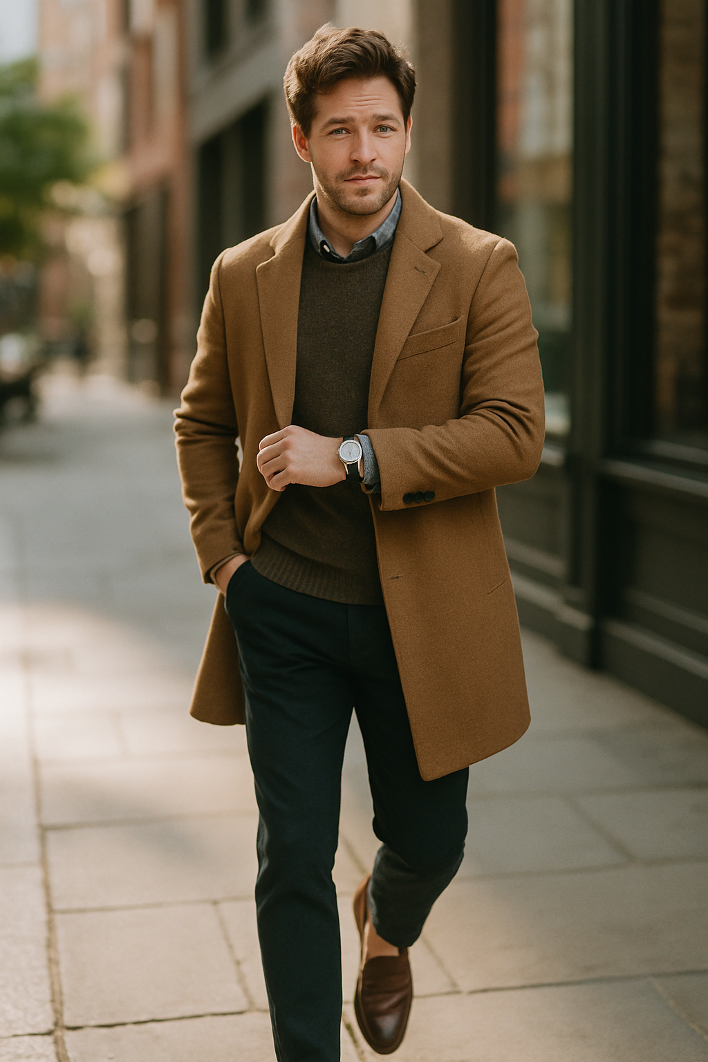 A man walking confidently in loafers, wearing tailored pants and a smart coat.