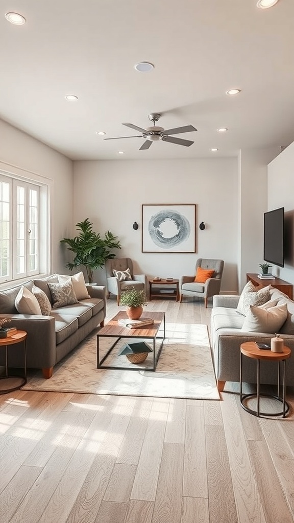 A stylish and modern multi-purpose room in a basement with gray sofas, a wooden coffee table, and bright lighting.