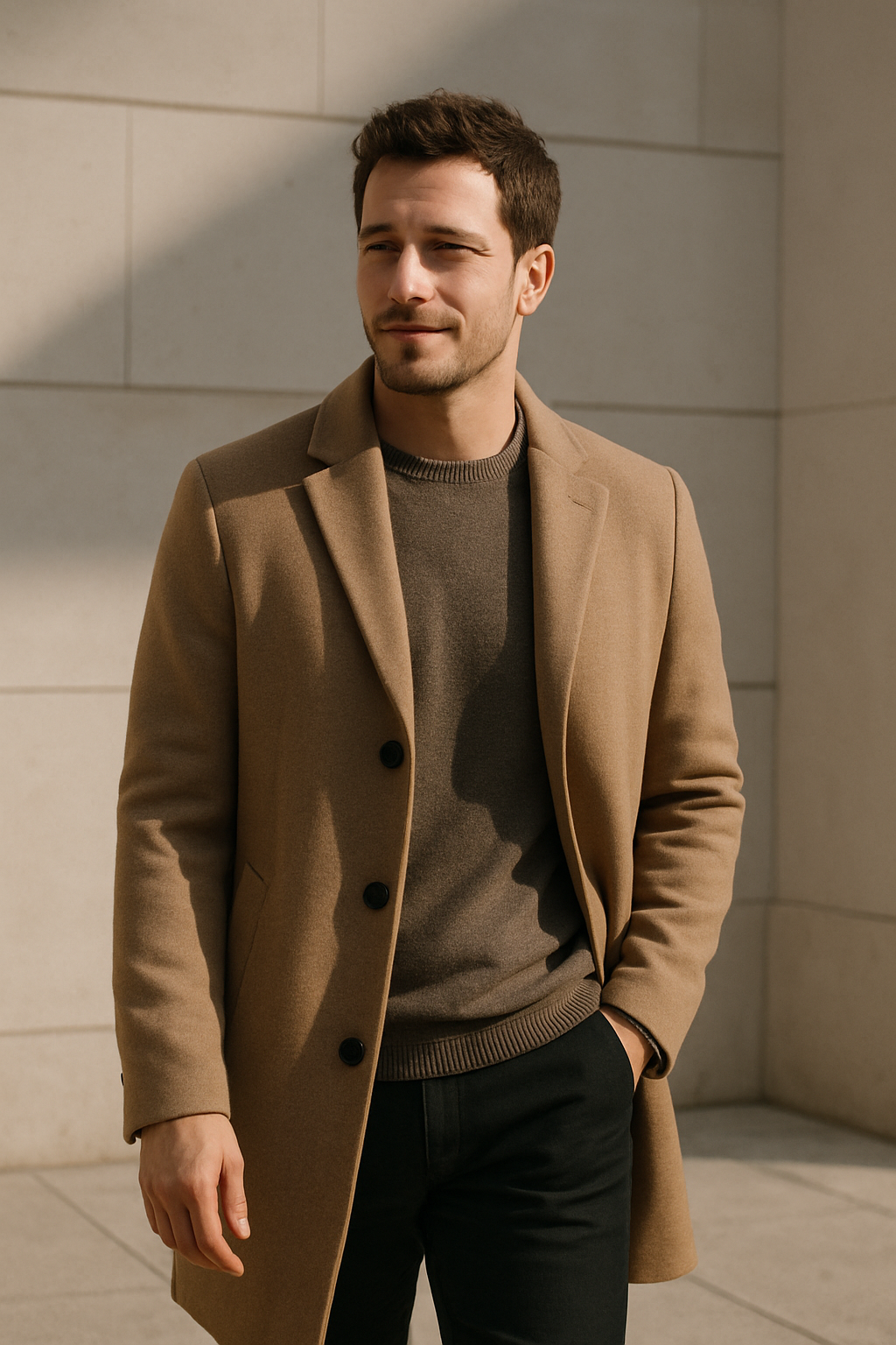 A man wearing a camel coat with a brown sweater, standing outdoors.