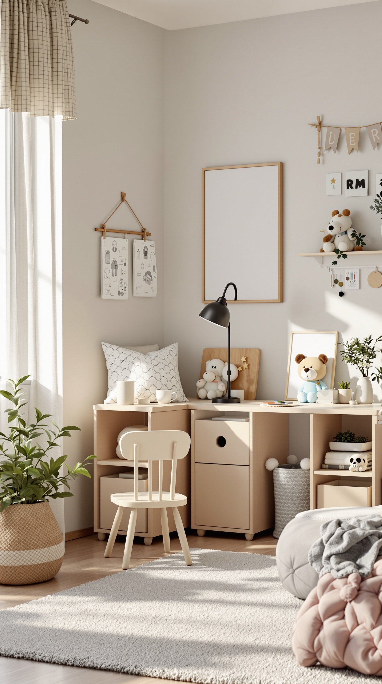 A cozy kids' room featuring a small desk, chair, and soft furnishings, perfect for play and creativity.