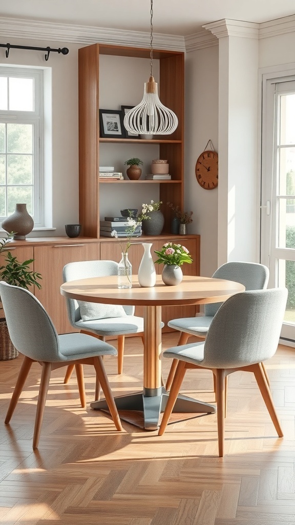 A small round dining table with four chairs in a bright room, showcasing a modern design.