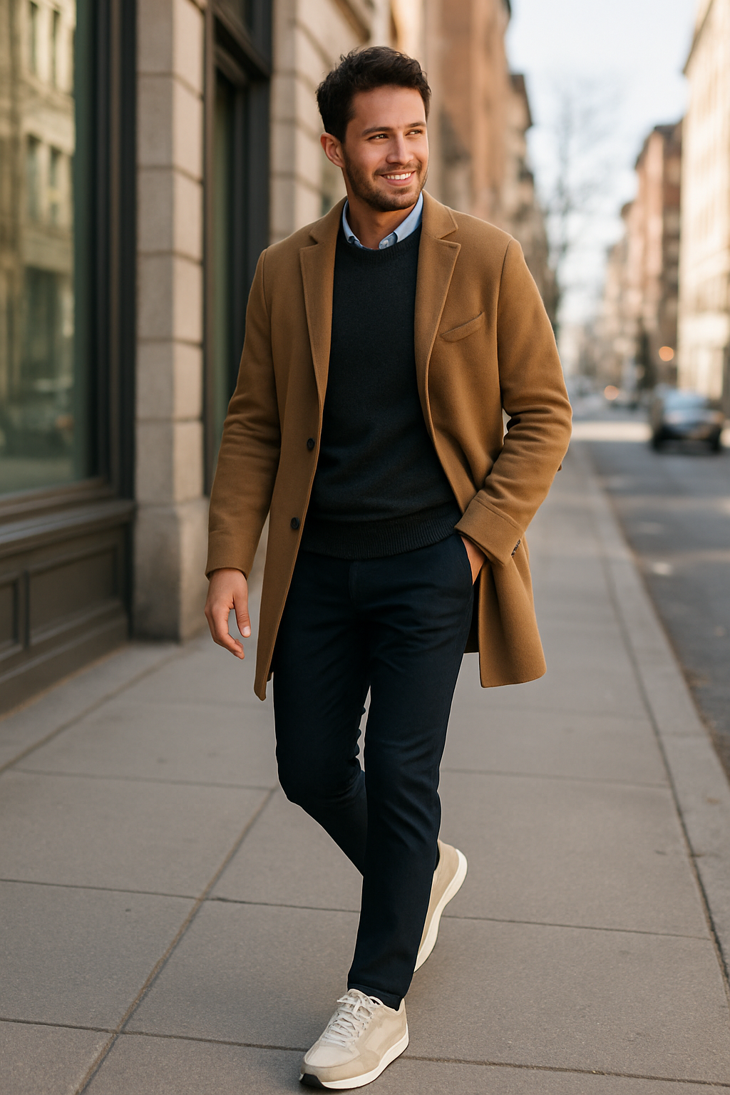 A man walking on the street wearing light-colored sneakers, tailored pants, and a stylish coat.