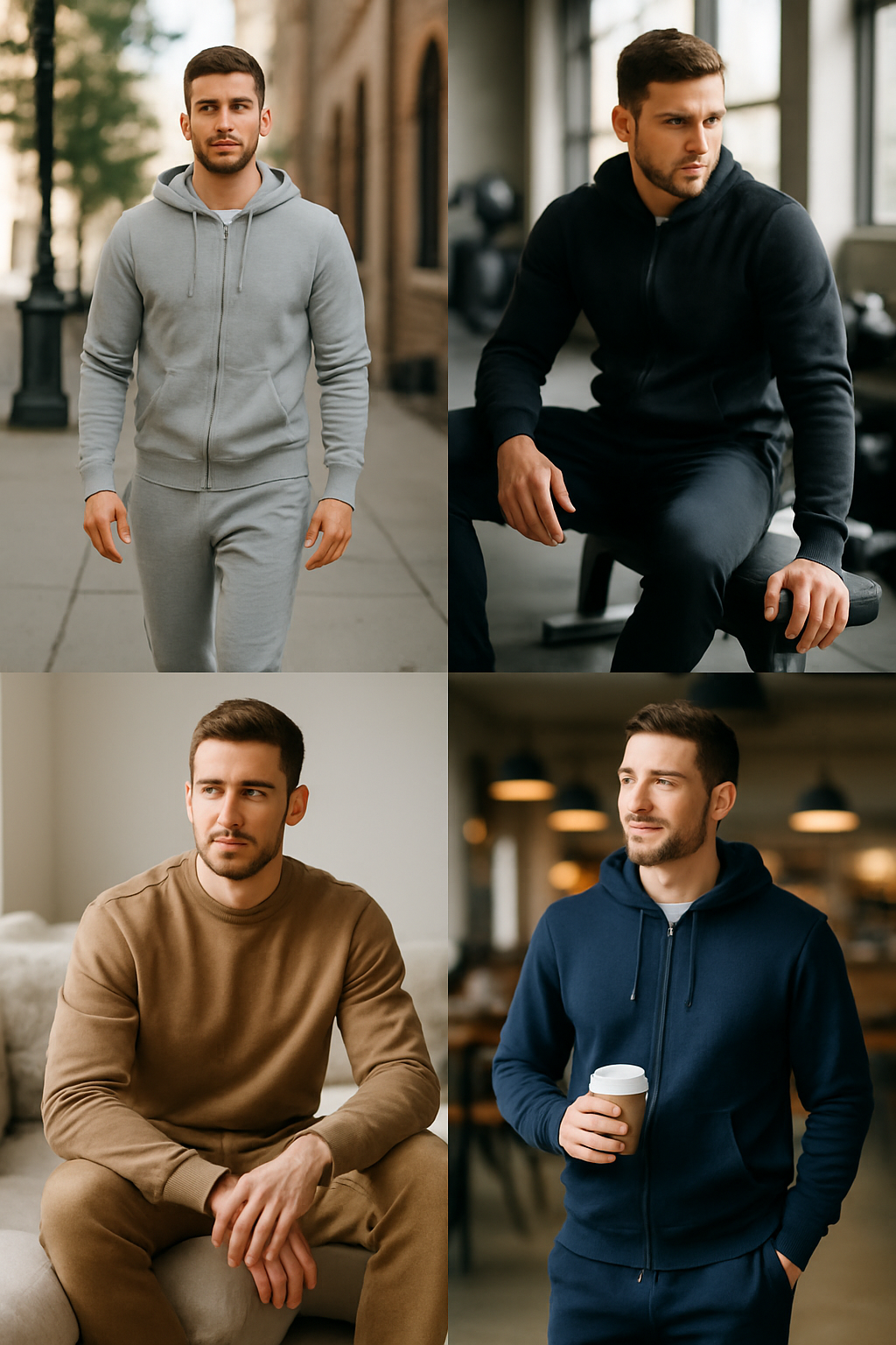 Collage of men wearing different styles of track suits in various settings.