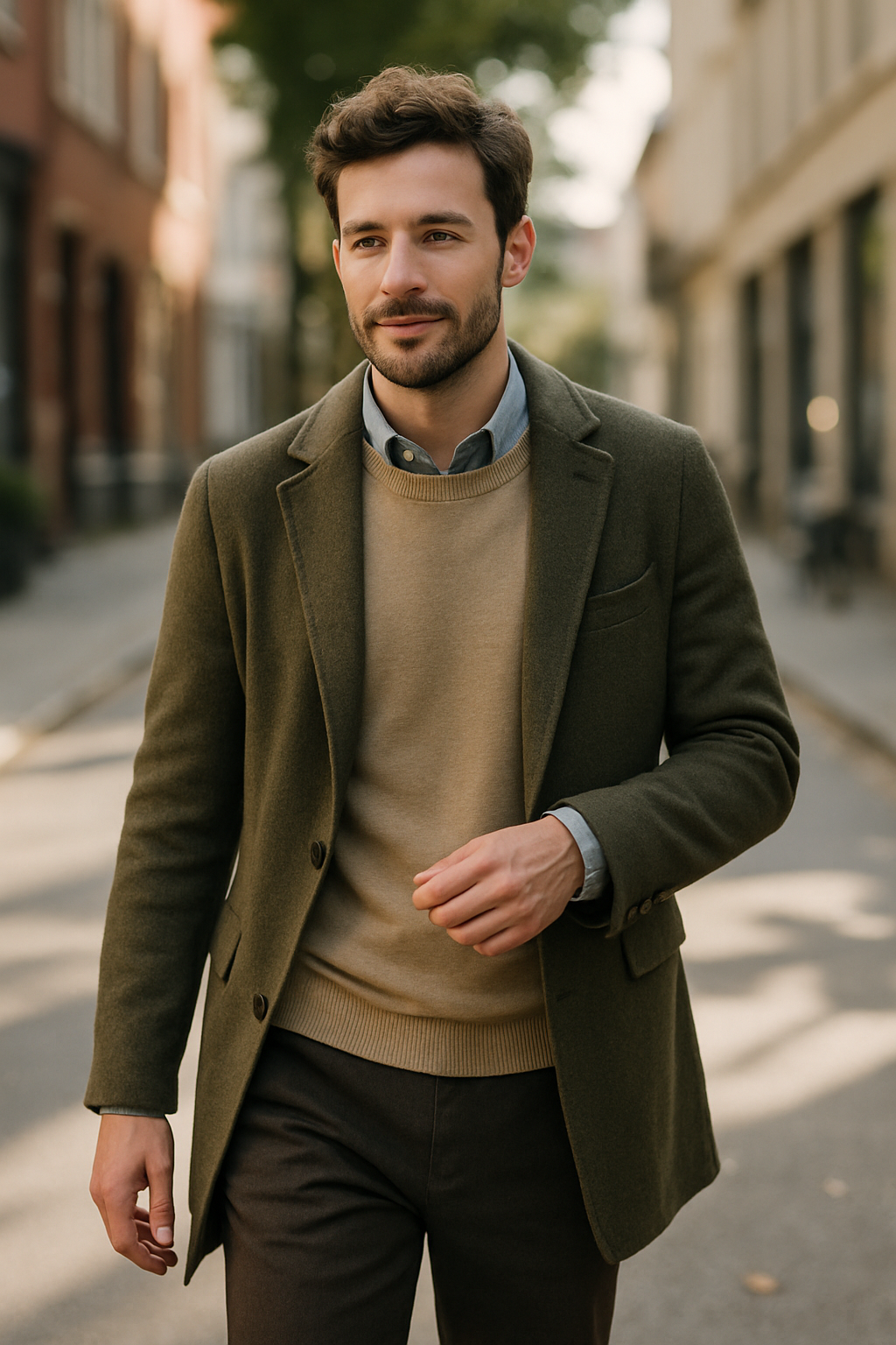 A man walking in an urban setting, wearing a layered outfit with a linen shirt, sweater, and coat.