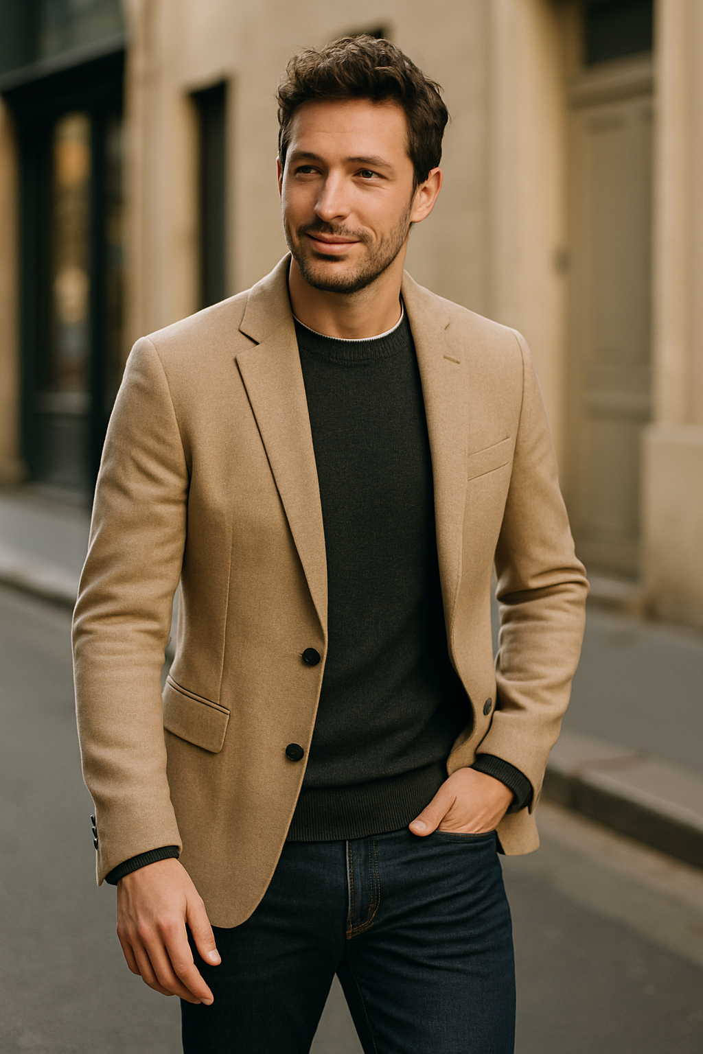 A man wearing a beige blazer over a dark sweater, looking stylish on a city street.