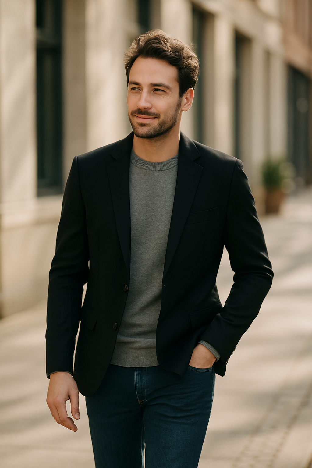 A man walking in a city, wearing a black blazer over a gray sweater and blue jeans.