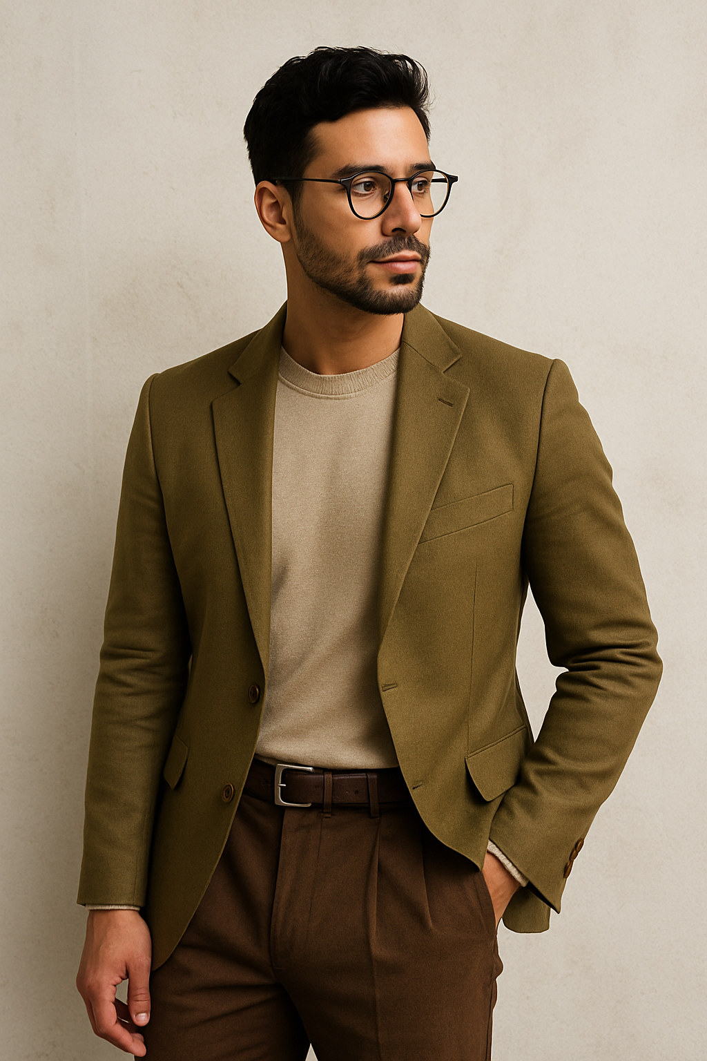 A collage of a man in various outfits featuring khaki blazers, showcasing different styling options.
