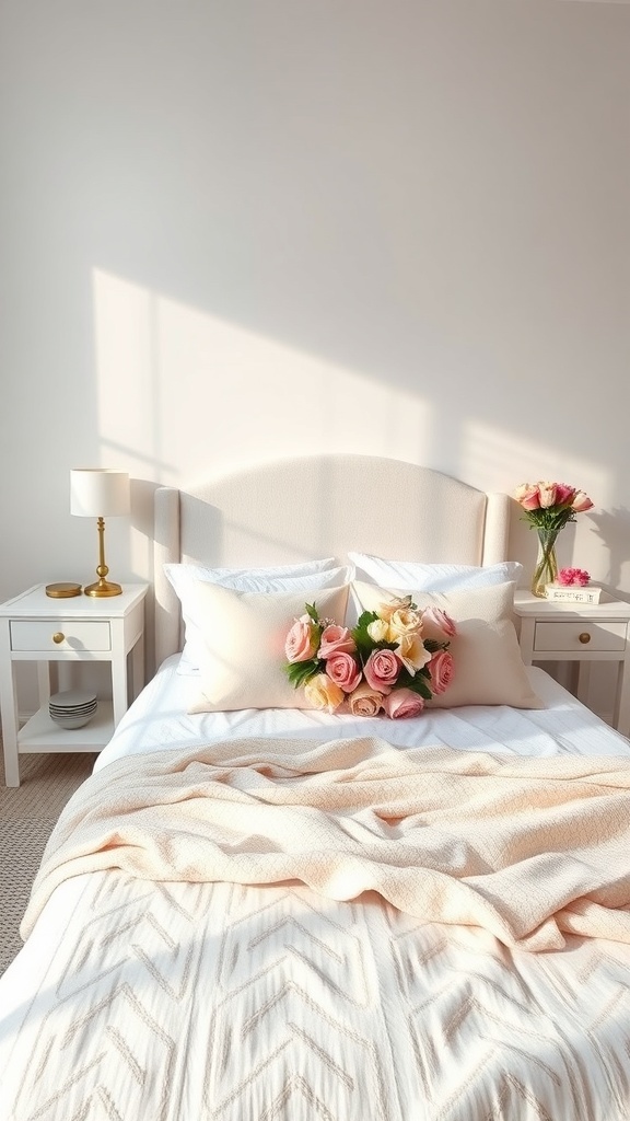A cozy bedroom with white nightstands, a soft bed, and flowers.
