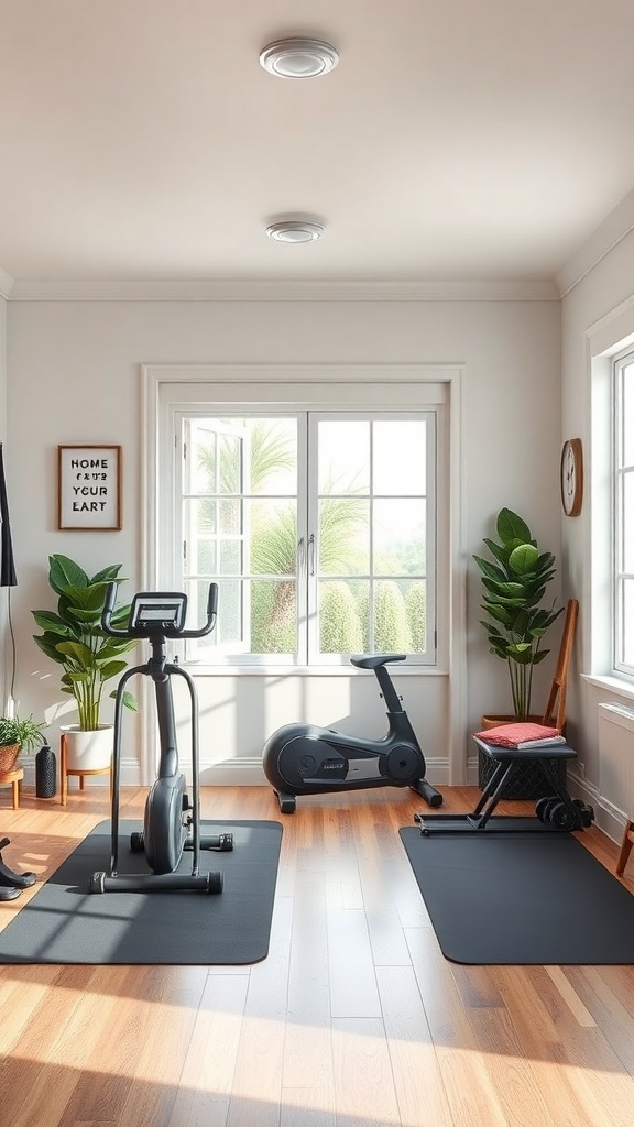 A bright workout corner featuring an exercise bike, an elliptical machine, and plants, with motivational wall art.