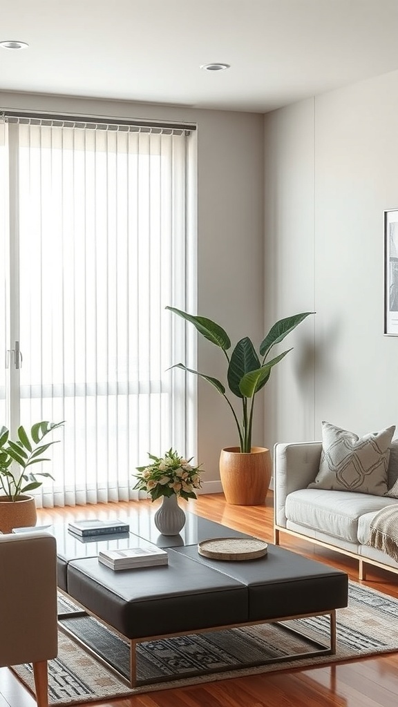 A cozy living room featuring vertical blinds covering a sliding glass door, with plants and modern furniture.