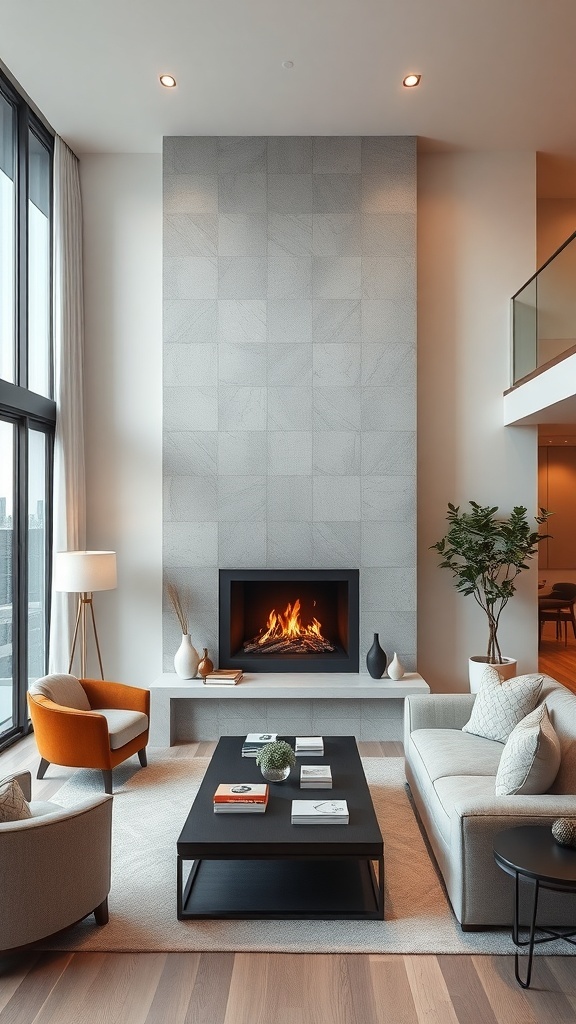 A modern vertical fireplace in a stylish living room with contemporary furniture.