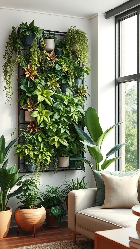 A vertical garden installation with various plants in pots attached to a wall grid, enhancing the indoor space.