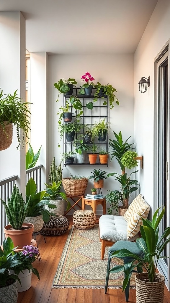A cozy balcony with a vertical garden featuring various plants in pots, a small seating area, and a decorative rug.
