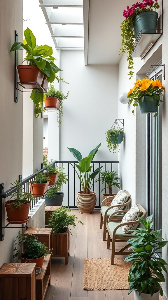 A narrow balcony with various plants in pots, featuring wall-mounted planters and cozy seating.