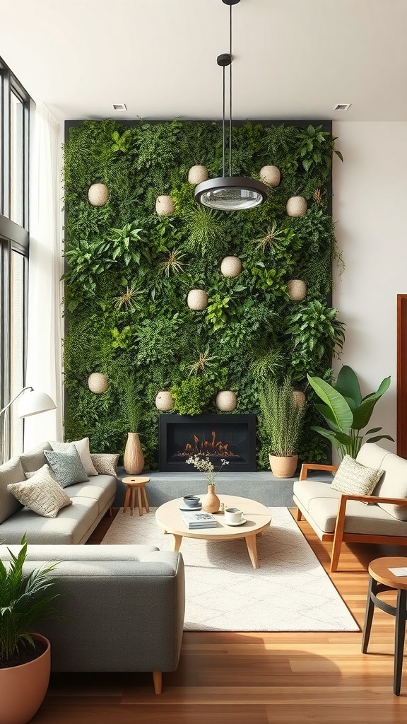 A vertical garden wall in a modern living room with various plants and round planters.