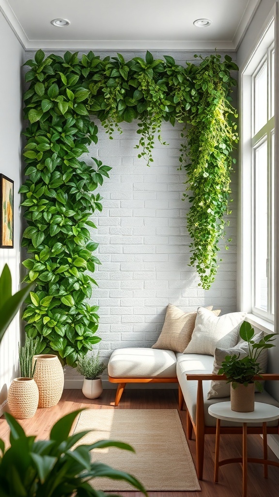A vertical garden wall featuring lush green plants in a bright entryway.