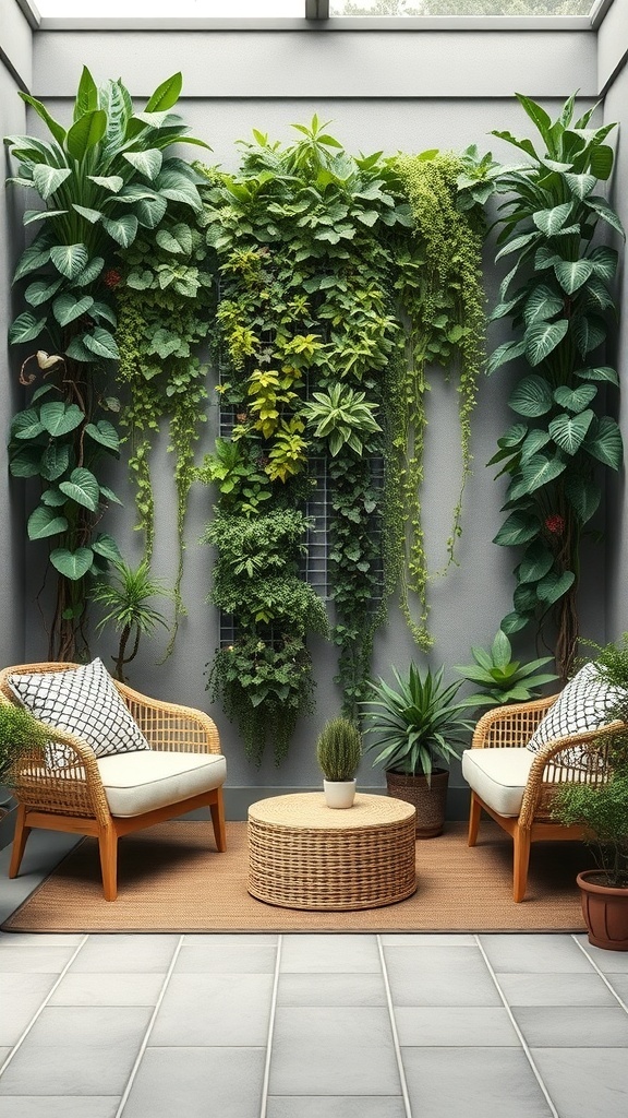 A cozy backyard with vertical gardening featuring lush green plants, two comfortable chairs, and a round table.