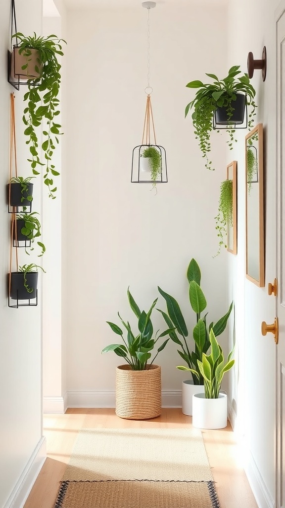 A bright hallway featuring vertical plant displays with hanging planters and potted plants on the floor.