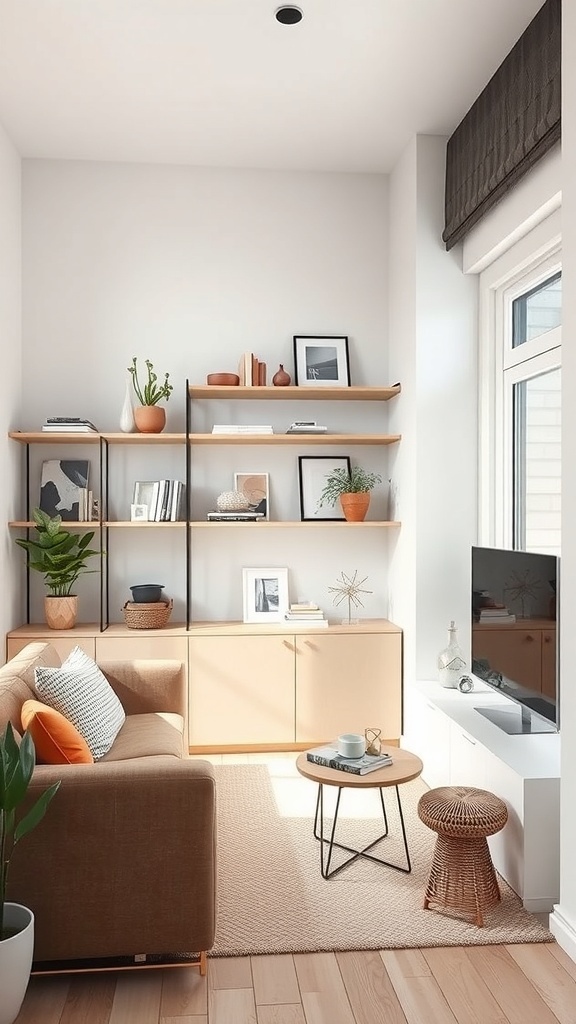 A cozy living room featuring vertical shelving with plants and decorative items.