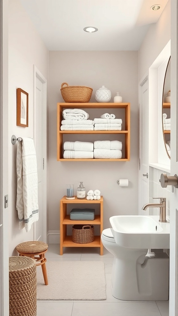 A small bathroom with vertical wooden shelves displaying towels and decorative items.