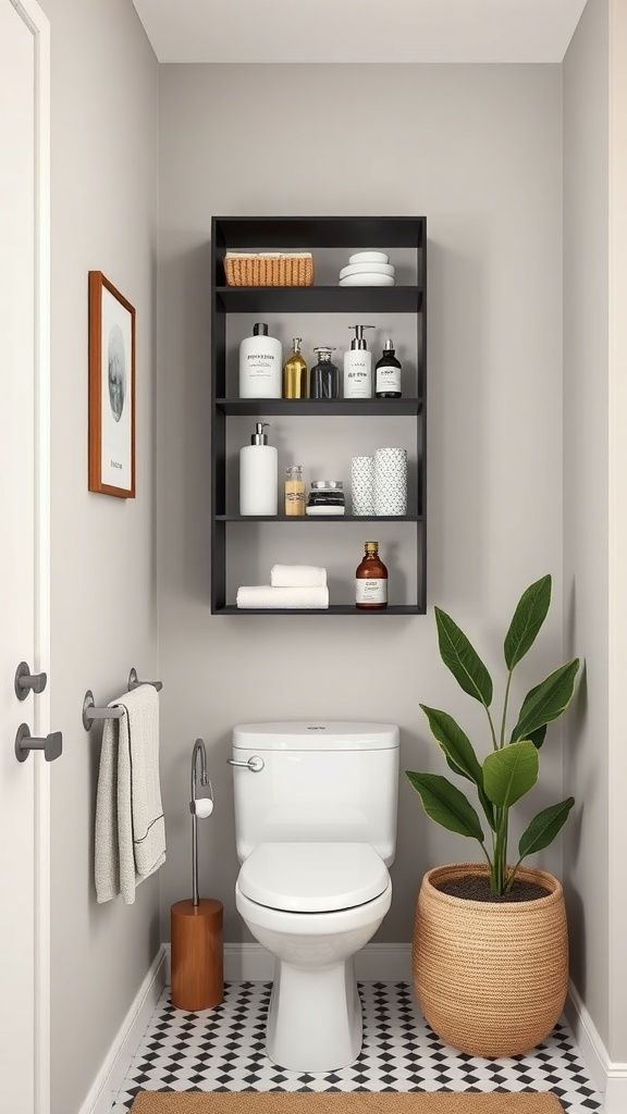 A small bathroom featuring a vertical shelving unit with toiletries and a plant.