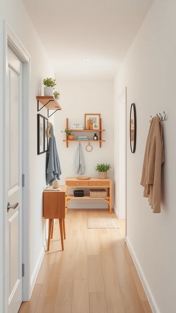 A small hallway featuring vertical storage solutions with shelves, hooks, and a console table.