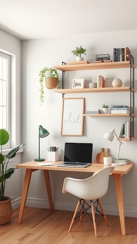 A small desk setup featuring vertical storage with shelves holding books and plants.